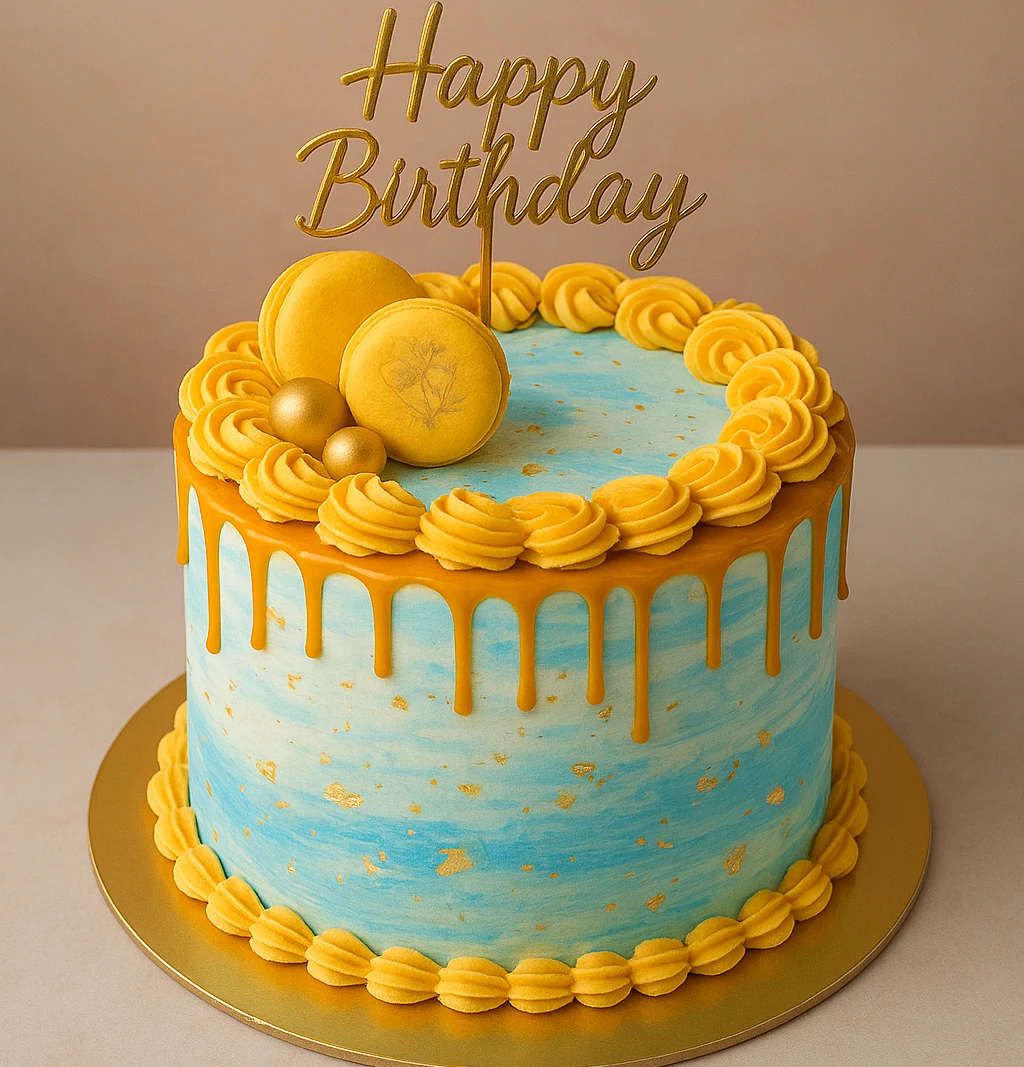Blue and Gold Birthday Cake - TF Cakes Online Delivery Freshly baked handcrafted Blue and Gold Birthday Cake – Cake design by TF Cakes