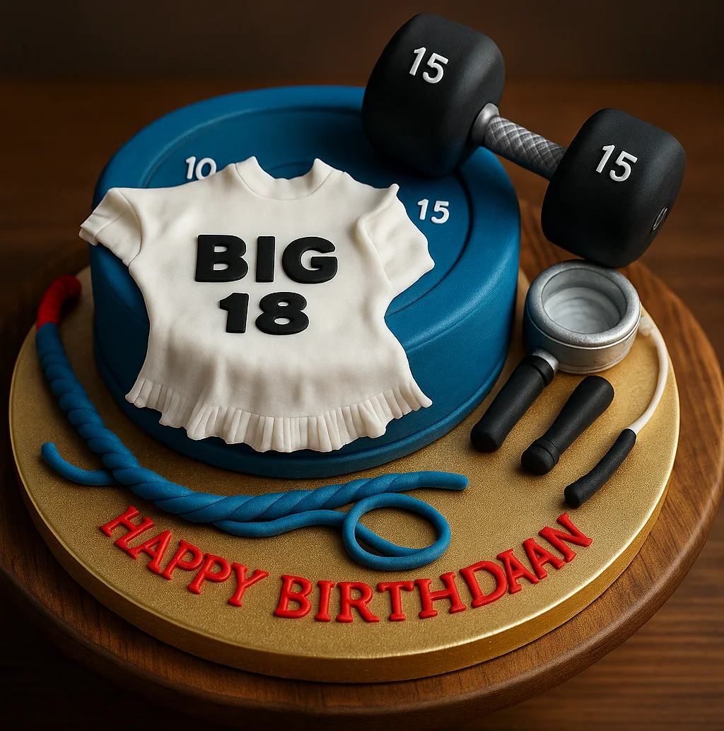 Big 18th Birthday Cake with Dumbbell - TF Cakes Online Delivery Freshly baked handcrafted Big 18th Birthday Cake with Dumbbell – Cake design by TF Cakes