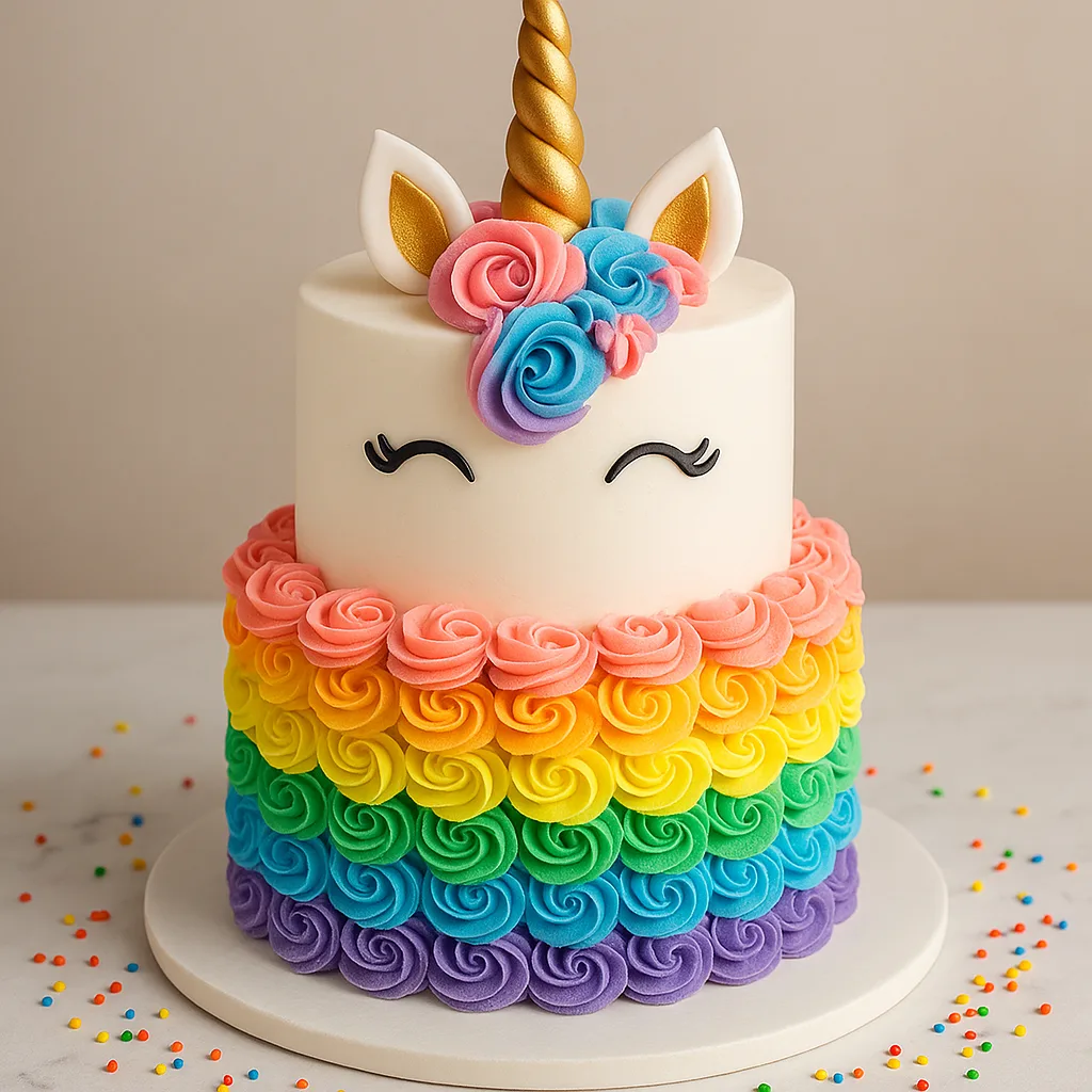 2 Tier Rainbow Rosette Unicorn - TF Cakes Online Delivery Freshly baked handcrafted 2 Tier Rainbow Rosette Unicorn – Cake design by TF Cakes