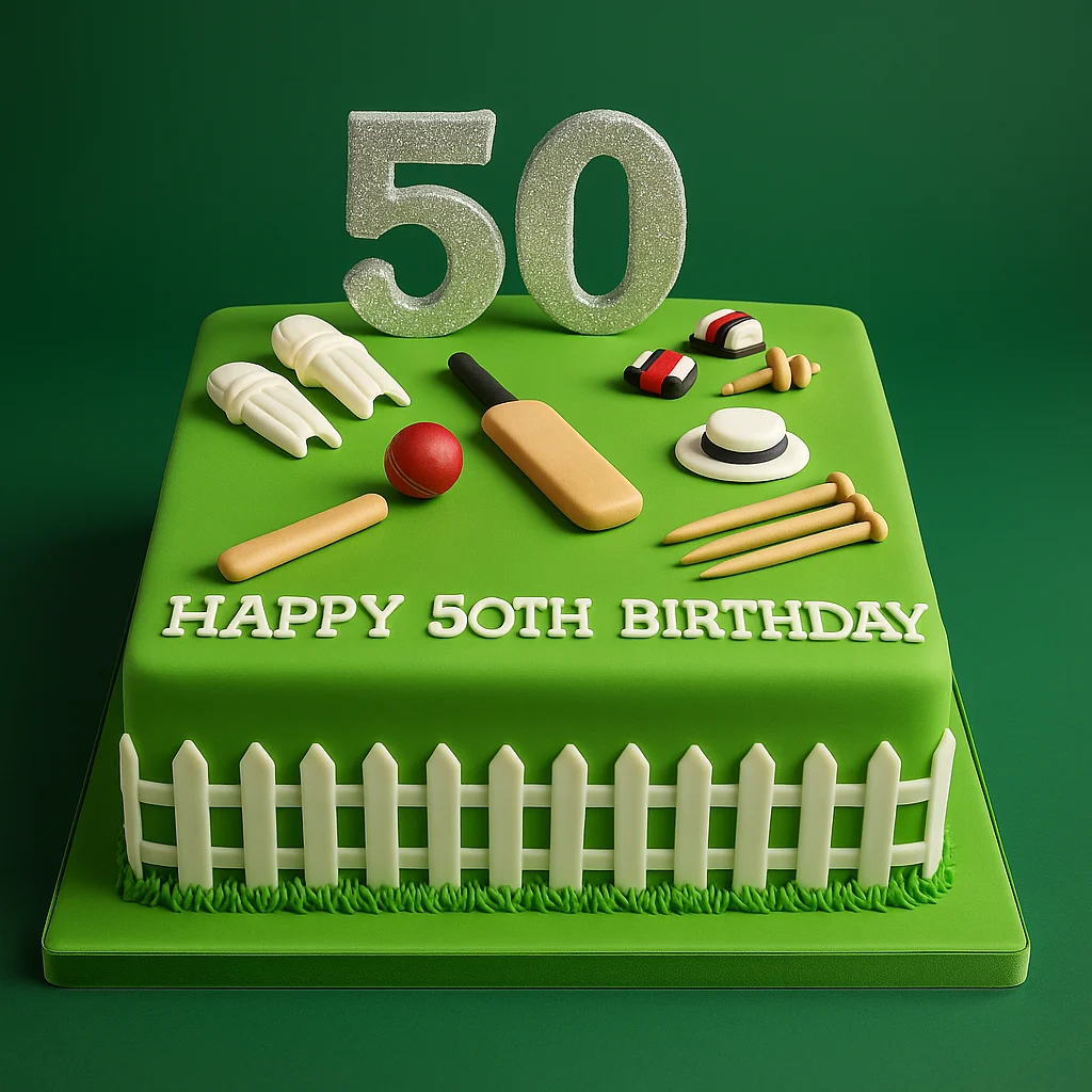 50th Birthday Cricket Milestone Cake - TF Cakes Online Delivery Freshly baked handcrafted 50th Birthday Cricket Milestone Cake – Cake design by TF Cakes