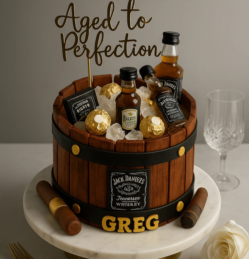 Aged to Perfection Whiskey Barrel Cake - TF Cakes Online Delivery Freshly baked handcrafted Aged to Perfection Whiskey Barrel Cake – Cake design by TF Cakes