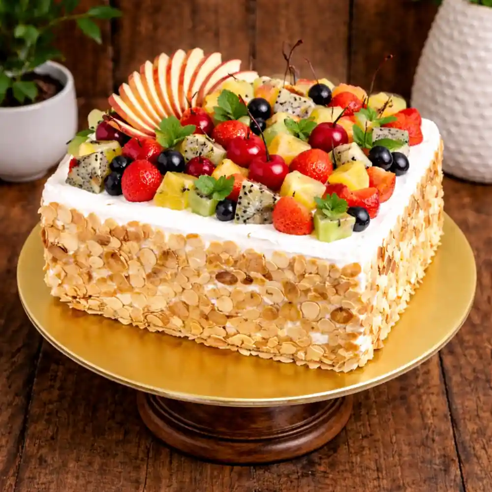 Almond Fruit Square Delight Cake - TF Cakes Online Delivery Freshly baked handcrafted Almond Fruit Square Delight Cake – Cake design by TF Cakes
