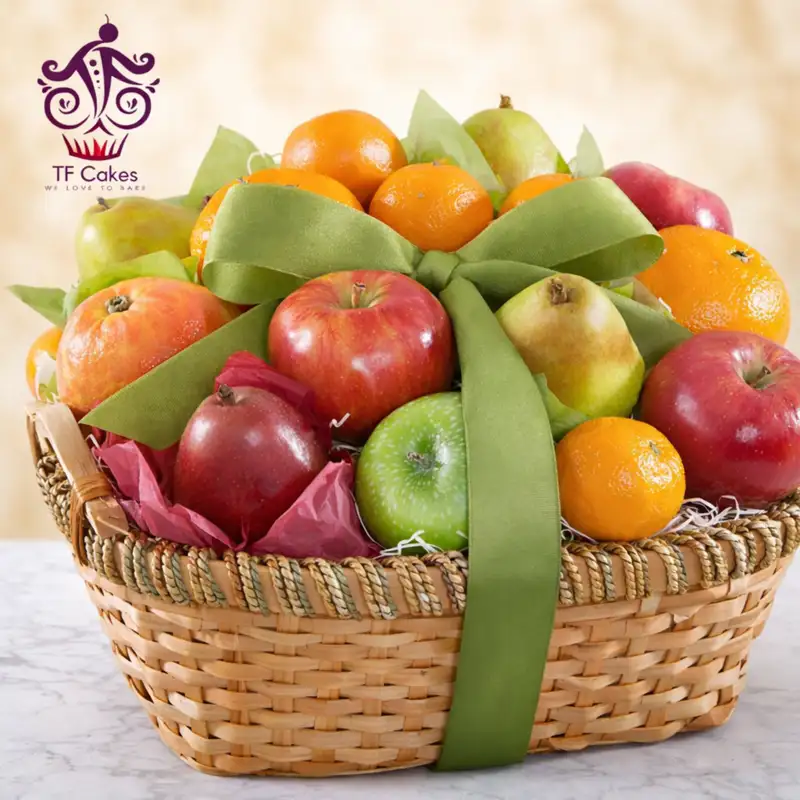 Apple Orange Gift Basket with Ribbon - TF Cakes Online Delivery Freshly baked handcrafted Apple Orange Gift Basket with Ribbon – Cake design by TF Cakes