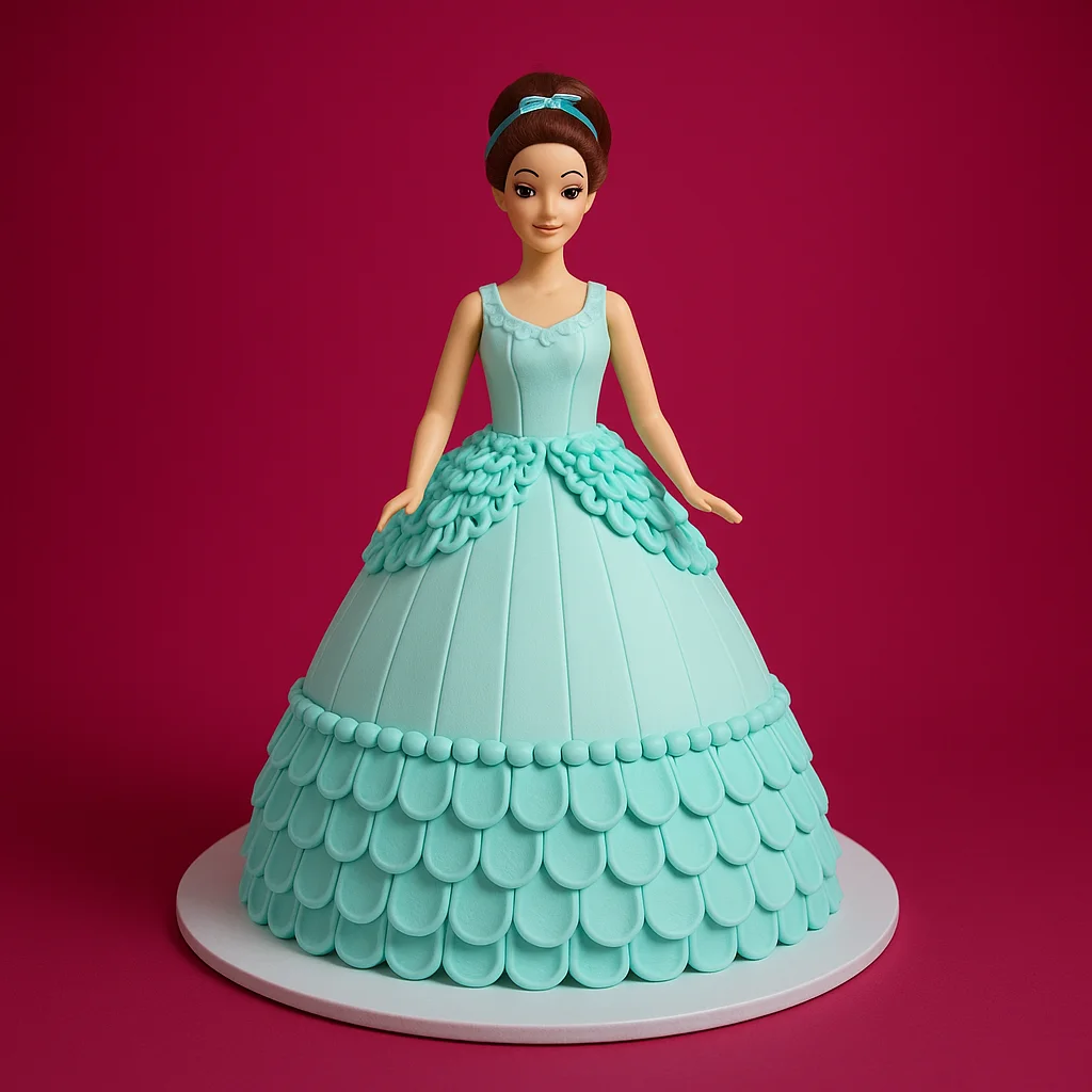 Aqua Scallop Gown Doll Cake - TF Cakes Online Delivery Freshly baked handcrafted Aqua Scallop Gown Doll Cake – Cake design by TF Cakes