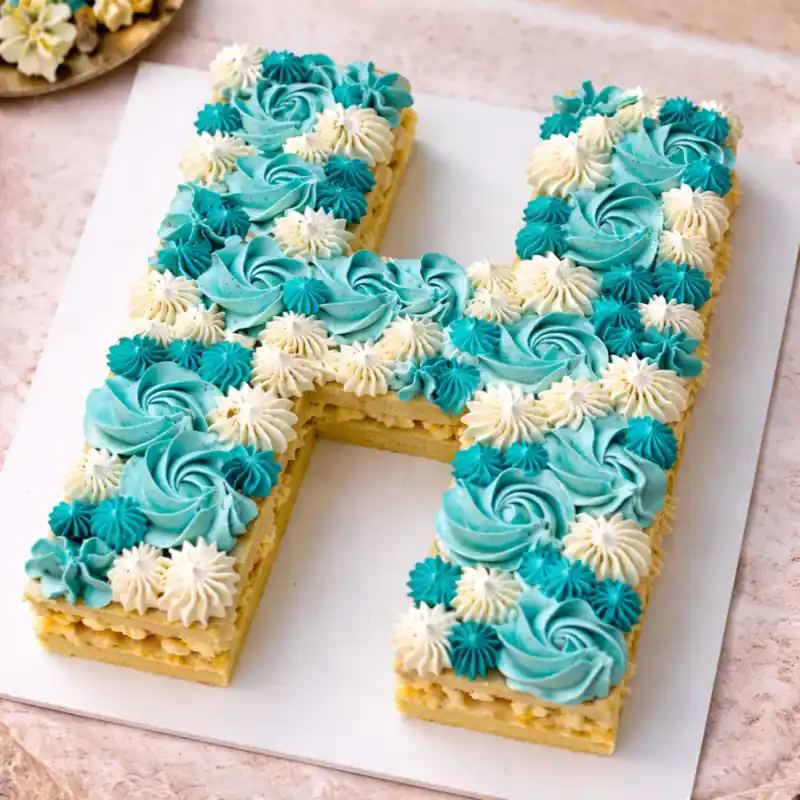 Aqua Bloom Letter H Cake - TF Cakes Online Delivery Freshly baked handcrafted Aqua Bloom Letter H Cake – Cake design by TF Cakes