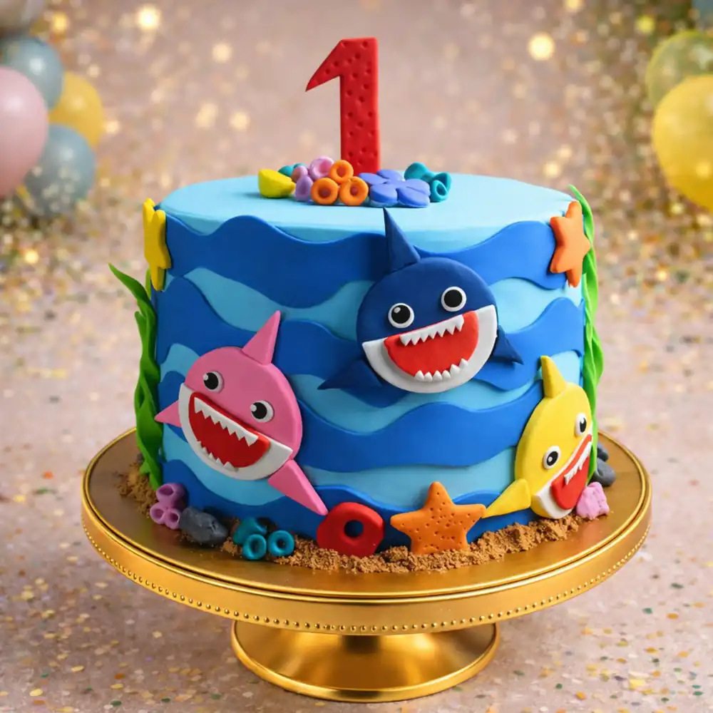 Baby Shark Theme 1st Birthday Cake - TF Cakes Online Delivery Freshly baked handcrafted Baby Shark Theme 1st Birthday Cake – Cake design by TF Cakes