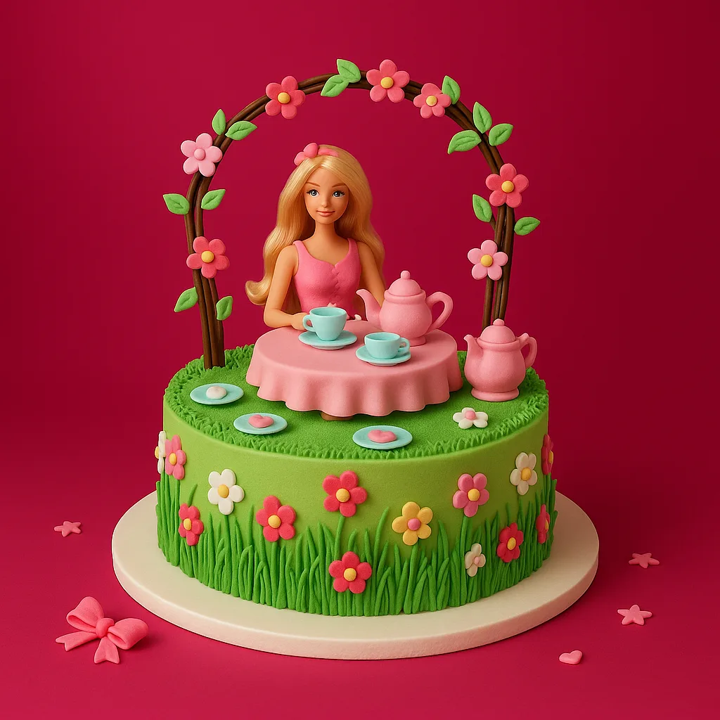 Barbie Tea Party Garden Cake - TF Cakes Online Delivery Freshly baked handcrafted Barbie Tea Party Garden Cake – Cake design by TF Cakes