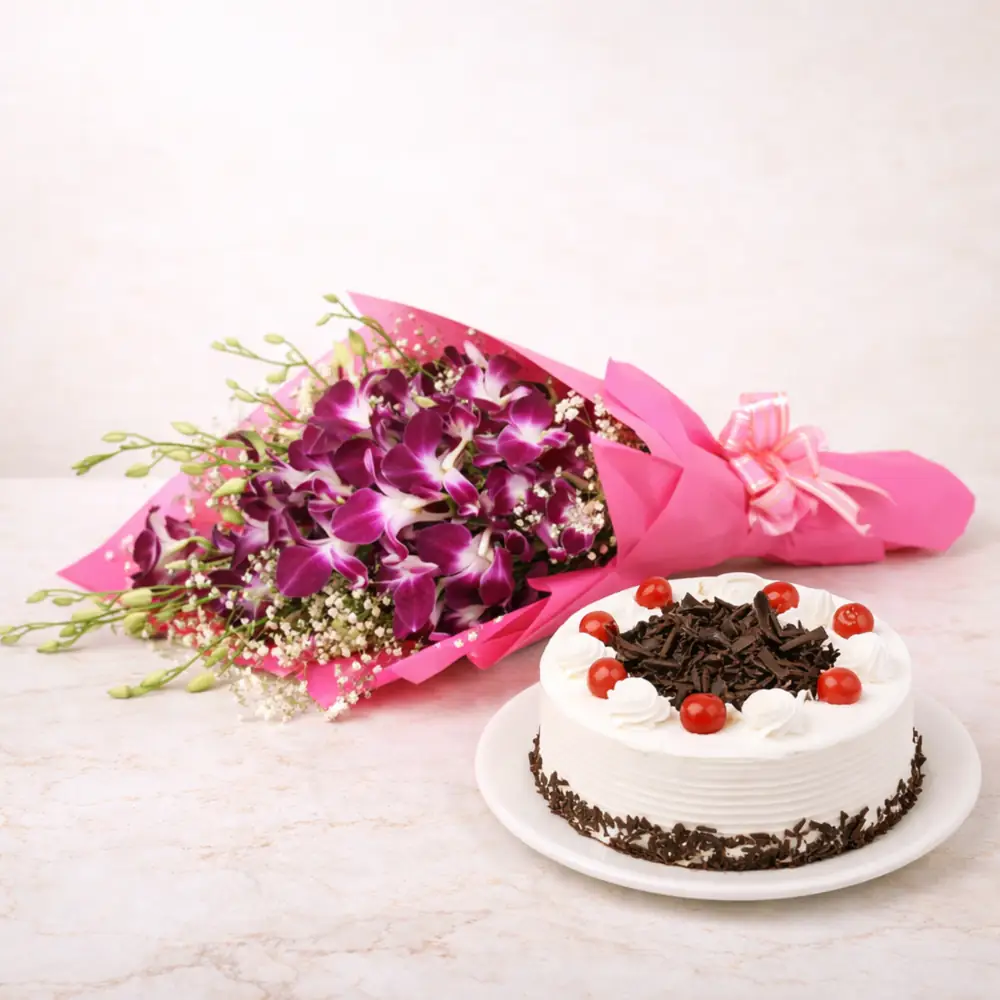 Black Forest Cake with Purple Orchid Flower Bouquet - TF Cakes Online Delivery Freshly baked handcrafted Black Forest Cake with Purple Orchid Flower Bouquet – Cake design by TF Cakes