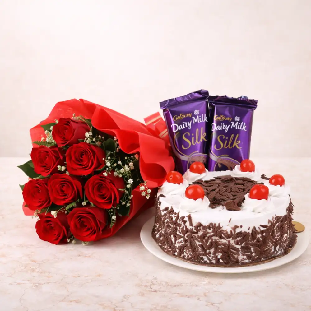 Black Forest Cake with Red Roses & Chocolate Bars - TF Cakes Online Delivery Freshly baked handcrafted Black Forest Cake with Red Roses & Chocolate Bars – Cake design by TF Cakes