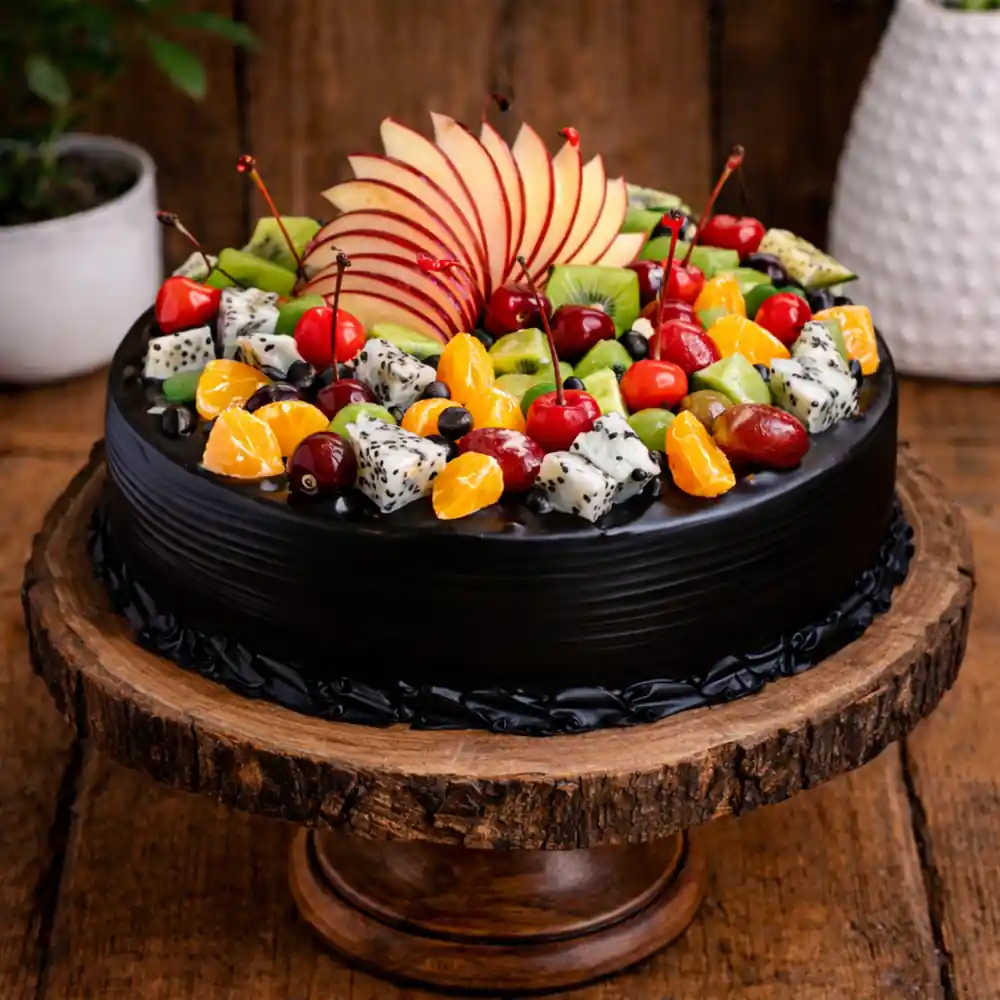 Black Forest Mix Fruit Fusion Cake - TF Cakes Online Delivery Freshly baked handcrafted Black Forest Mix Fruit Fusion Cake – Cake design by TF Cakes