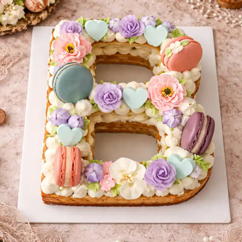 Blossom Charm Letter B Cake - TF Cakes Online Delivery Freshly baked handcrafted Blossom Charm Letter B Cake – Cake design by TF Cakes