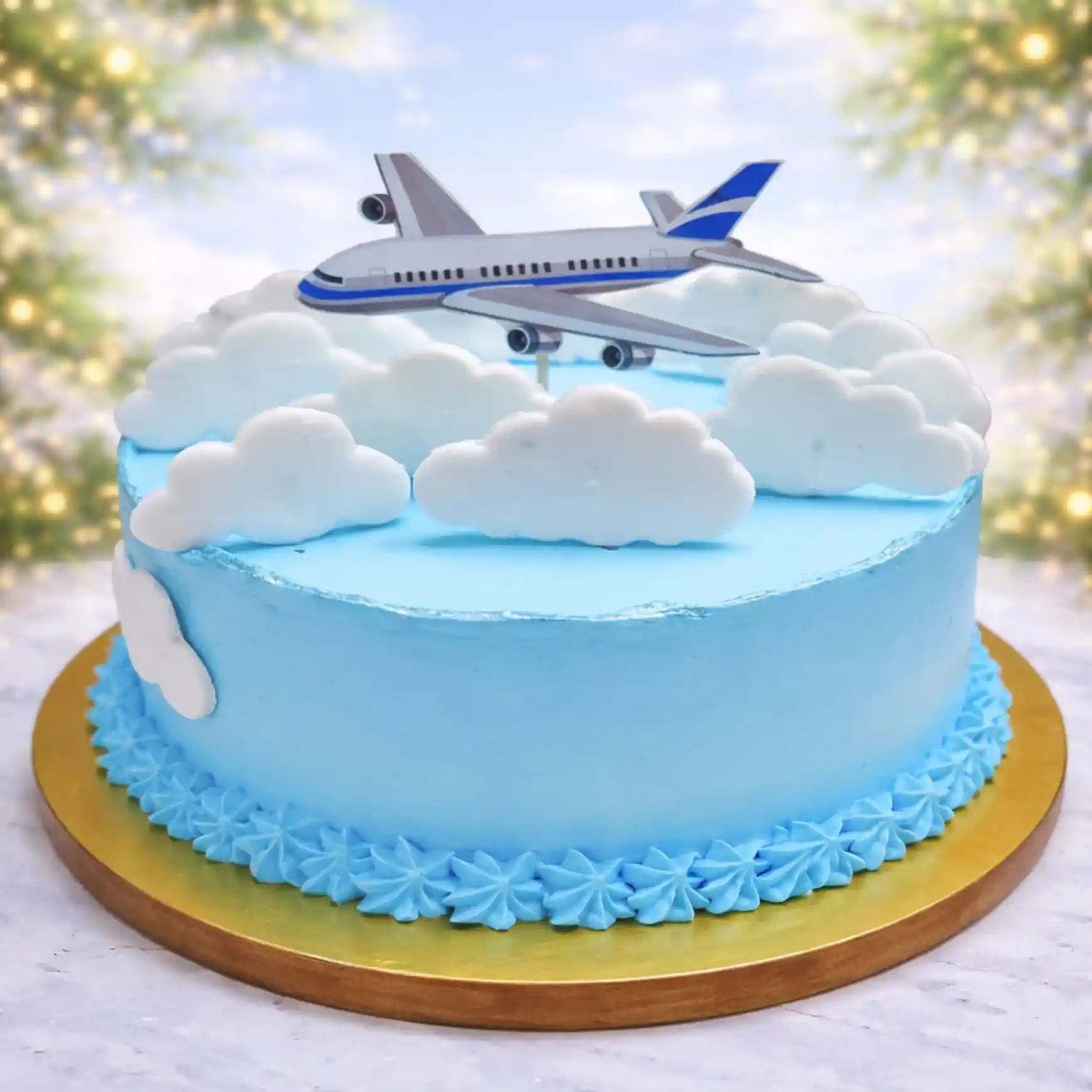 Blue Sky Aeroplane Cake with Clouds - TF Cakes Online Delivery Freshly baked handcrafted Blue Sky Aeroplane Cake with Clouds – Cake design by TF Cakes