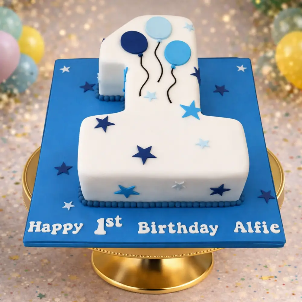 Blue Stars Number 1 Fondant Cake - TF Cakes Online Delivery Freshly baked handcrafted Blue Stars Number 1 Fondant Cake – Cake design by TF Cakes