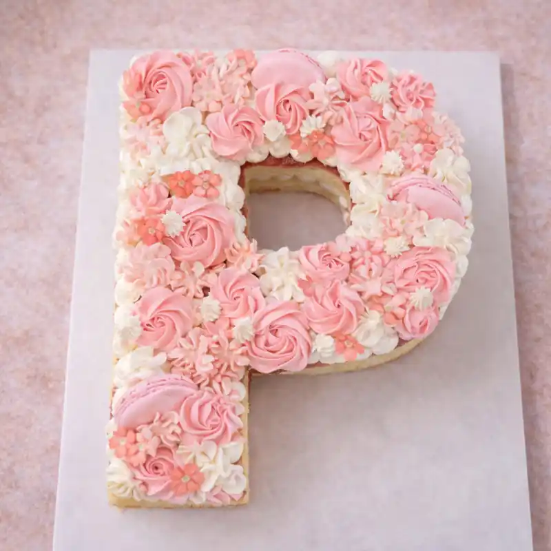 Blush Bloom Letter P Cake - TF Cakes Online Delivery Freshly baked handcrafted Blush Bloom Letter P Cake – Cake design by TF Cakes