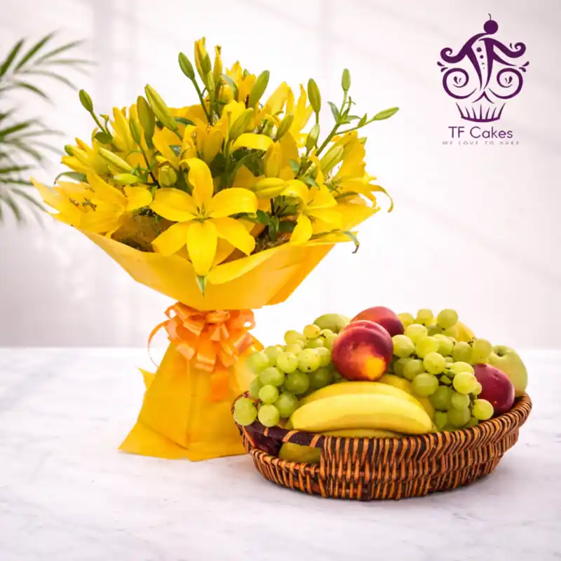 Bright Yellow Lily Bouquet with Fresh Fruit Basket - TF Cakes Online Delivery Freshly baked handcrafted Bright Yellow Lily Bouquet with Fresh Fruit Basket – Cake design by TF Cakes