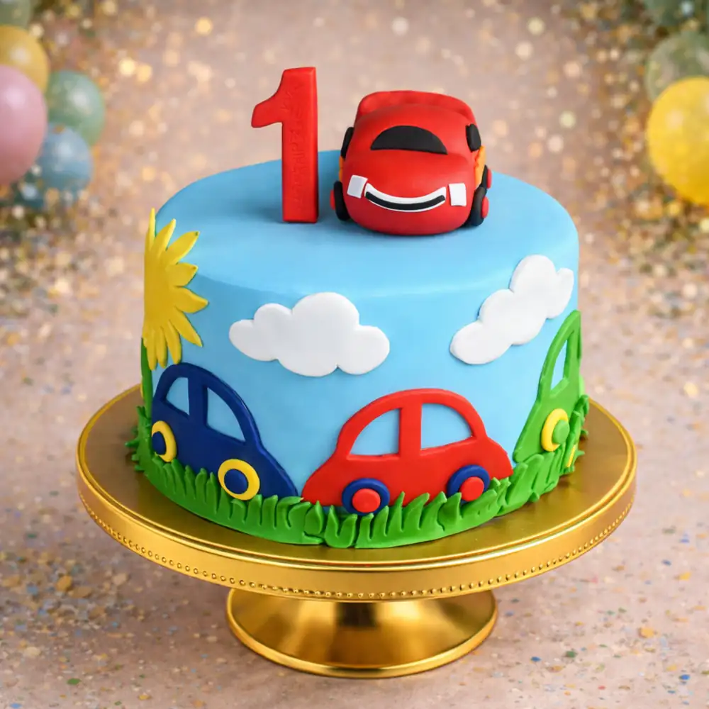 Cars Theme 1st Birthday Cake - TF Cakes Online Delivery Freshly baked handcrafted Cars Theme 1st Birthday Cake – Cake design by TF Cakes