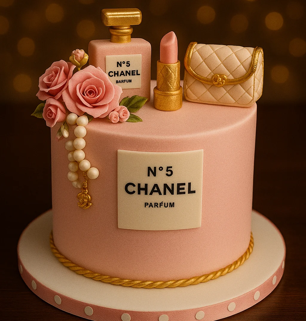 Chanel Perfume and Makeup Theme Cake - TF Cakes Online Delivery Freshly baked handcrafted Chanel Perfume and Makeup Theme Cake – Cake design by TF Cakes