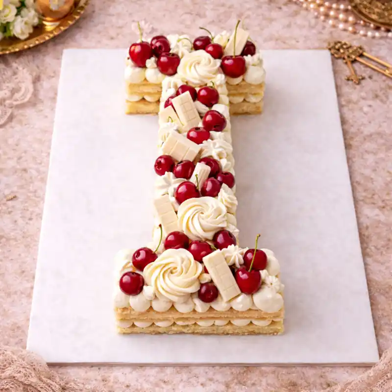 Cherry Bliss Letter I Cake - TF Cakes Online Delivery Freshly baked handcrafted Cherry Bliss Letter I Cake – Cake design by TF Cakes