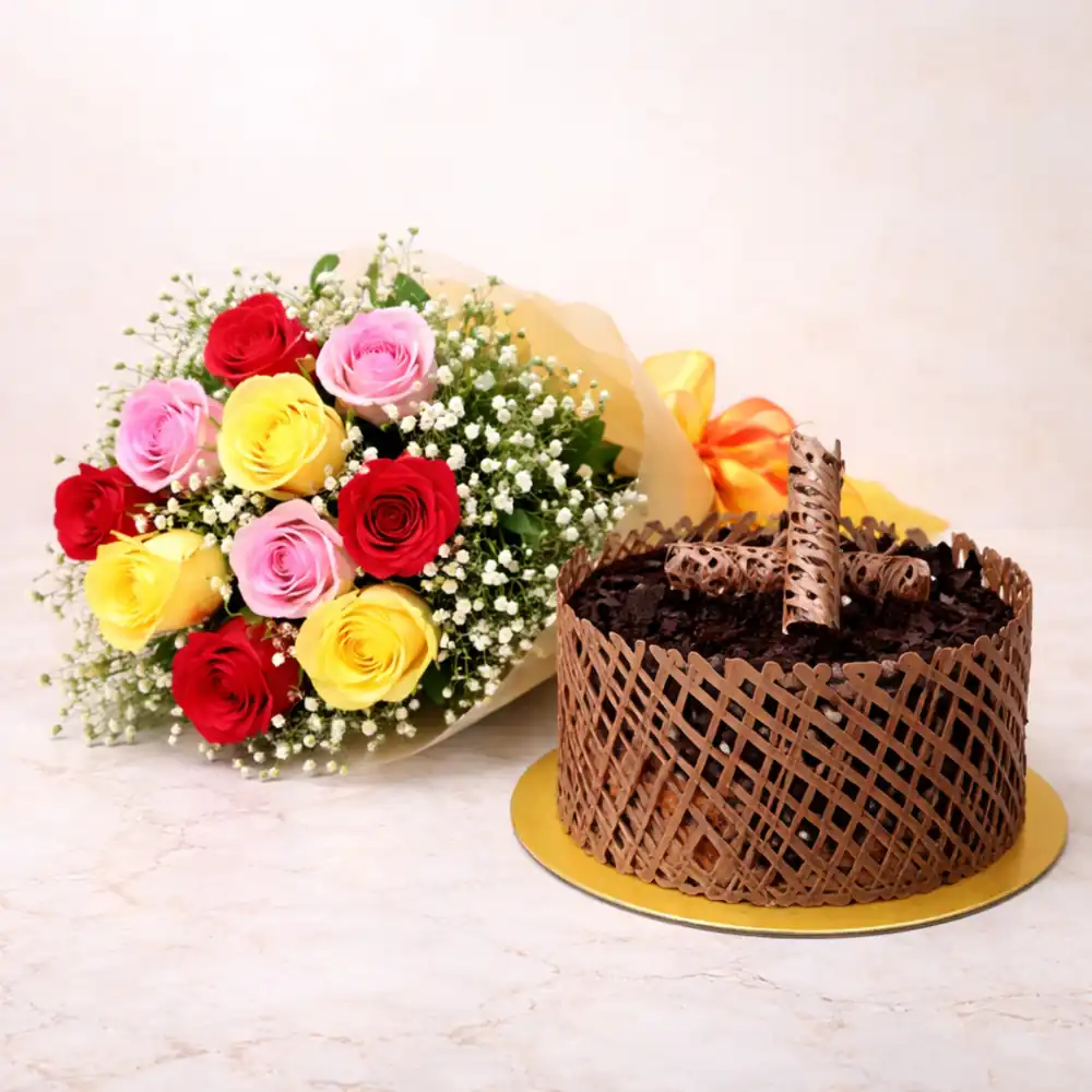 Chocolate Basket Cake with Mixed Roses Bouquet - TF Cakes Online Delivery Freshly baked handcrafted Chocolate Basket Cake with Mixed Roses Bouquet – Cake design by TF Cakes