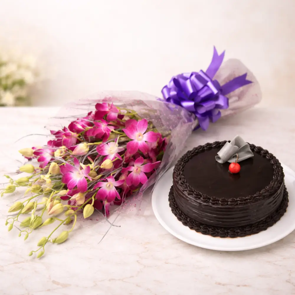 Chocolate Cake with Purple Orchid Flower Combo - TF Cakes Online Delivery Freshly baked handcrafted Chocolate Cake with Purple Orchid Flower Combo – Cake design by TF Cakes