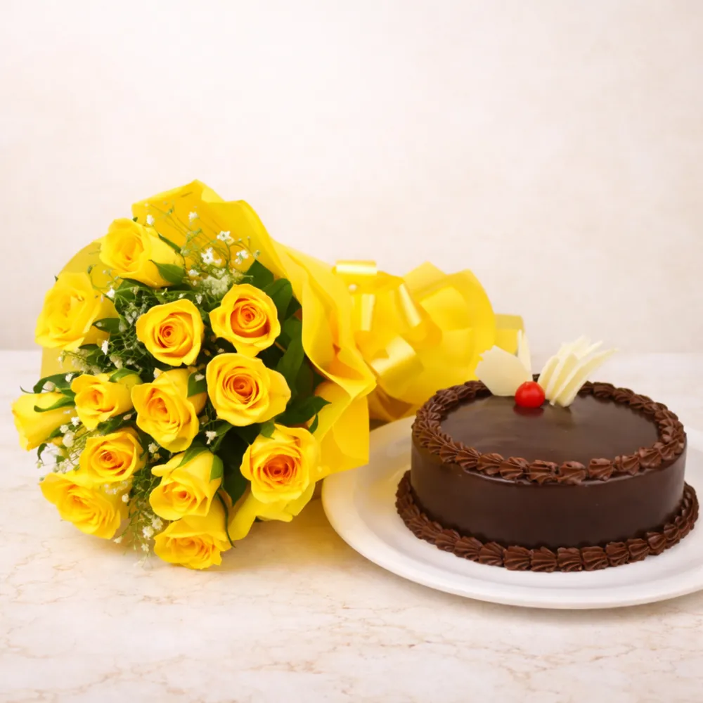 Chocolate Cake with Yellow Rose Bouquet Combo - TF Cakes Online Delivery Freshly baked handcrafted Chocolate Cake with Yellow Rose Bouquet Combo – Cake design by TF Cakes