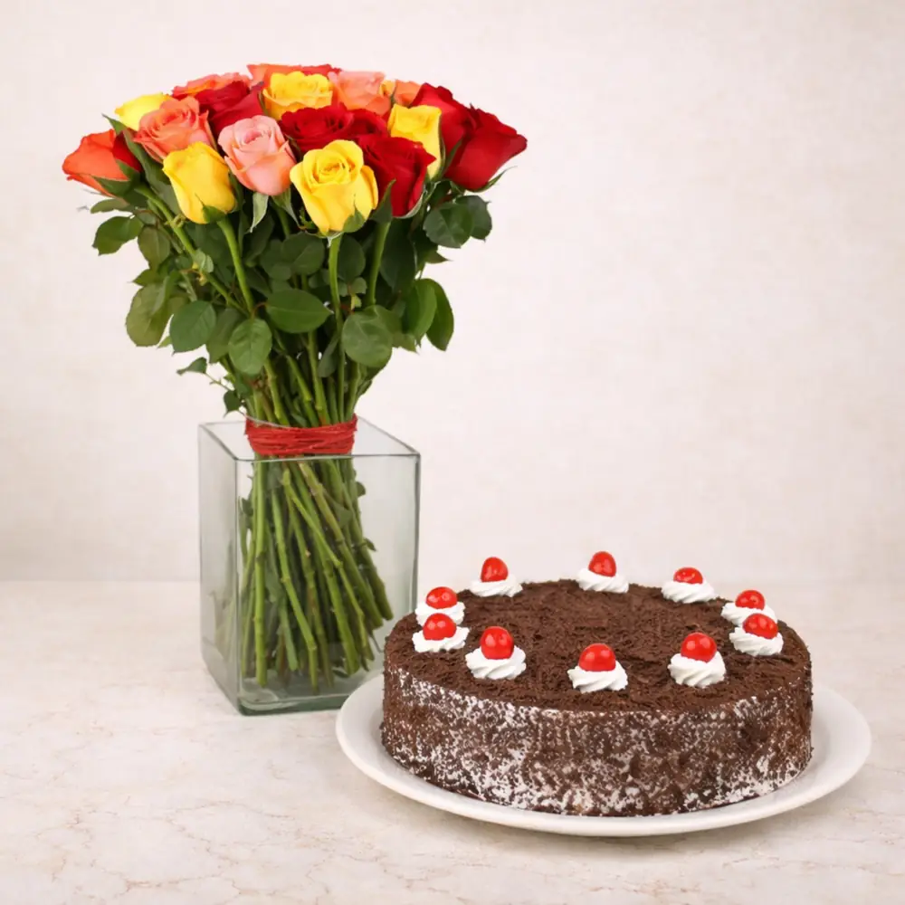 Chocolate Truffle Cake with Mixed Roses in Glass Vase - TF Cakes Online Delivery Freshly baked handcrafted Chocolate Truffle Cake with Mixed Roses in Glass Vase – Cake design by TF Cakes