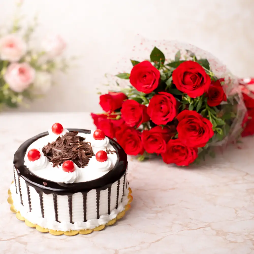 Classic Black Forest Cake with Red Roses Combo - TF Cakes Online Delivery Freshly baked handcrafted Classic Black Forest Cake with Red Roses Combo – Cake design by TF Cakes