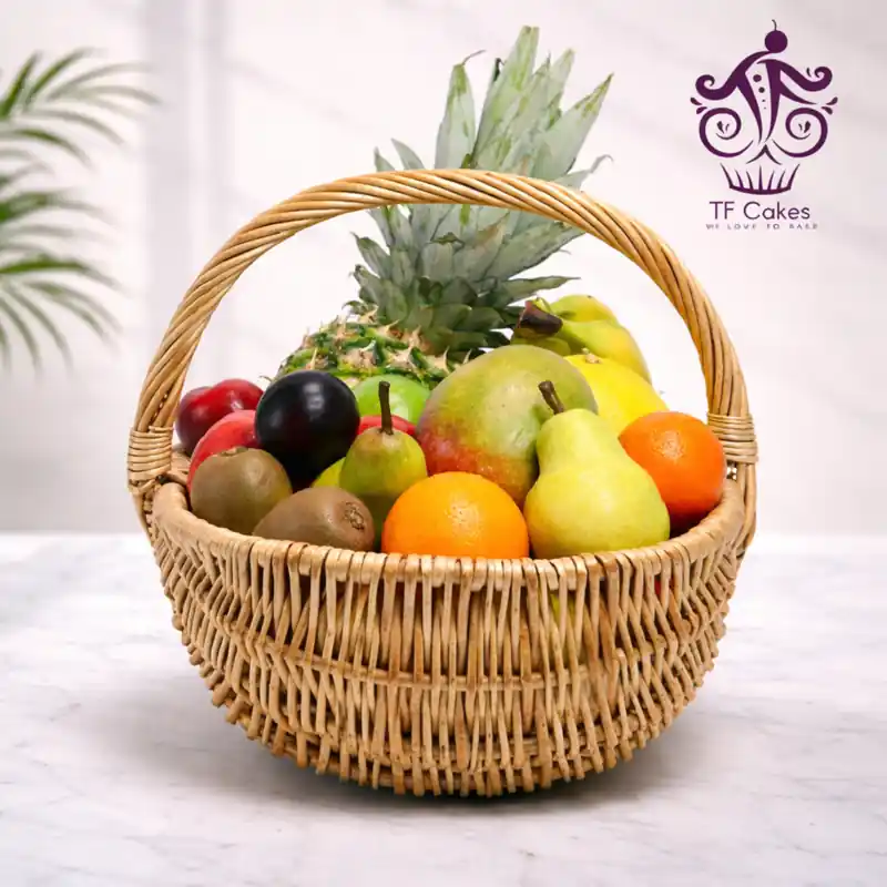 Classic Fresh Fruit Basket with Seasonal Selection - TF Cakes Online Delivery Freshly baked handcrafted Classic Fresh Fruit Basket with Seasonal Selection – Cake design by TF Cakes