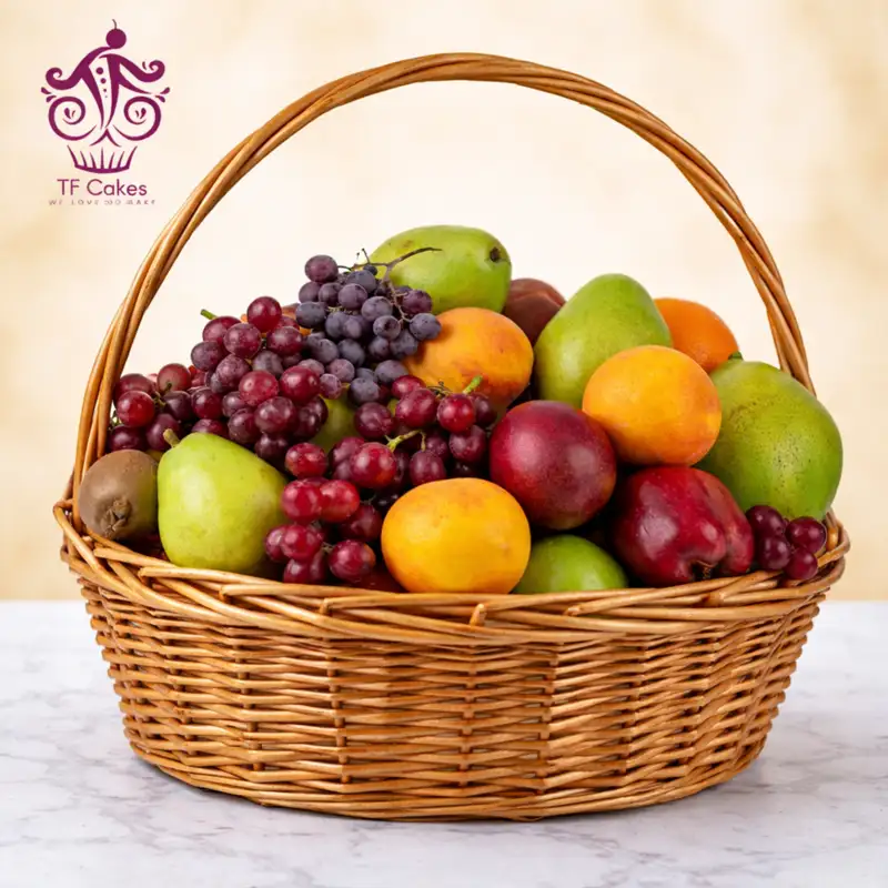 Classic Handled Fruit Basket - TF Cakes Online Delivery Freshly baked handcrafted Classic Handled Fruit Basket – Cake design by TF Cakes