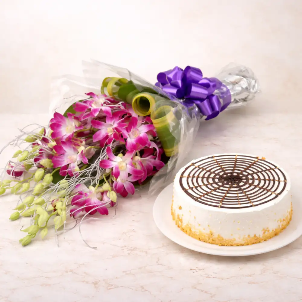 Classic Vanilla Cake with Orchid Flower Bouquet - TF Cakes Online Delivery Freshly baked handcrafted Classic Vanilla Cake with Orchid Flower Bouquet – Cake design by TF Cakes
