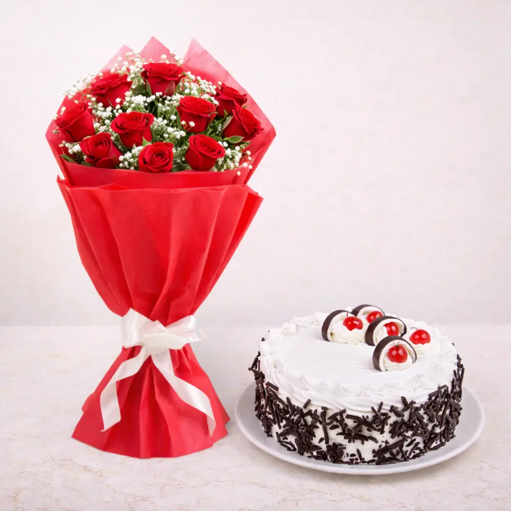 Classic White Forest Cake with Red Rose Bouquet - TF Cakes Online Delivery Freshly baked handcrafted Classic White Forest Cake with Red Rose Bouquet – Cake design by TF Cakes