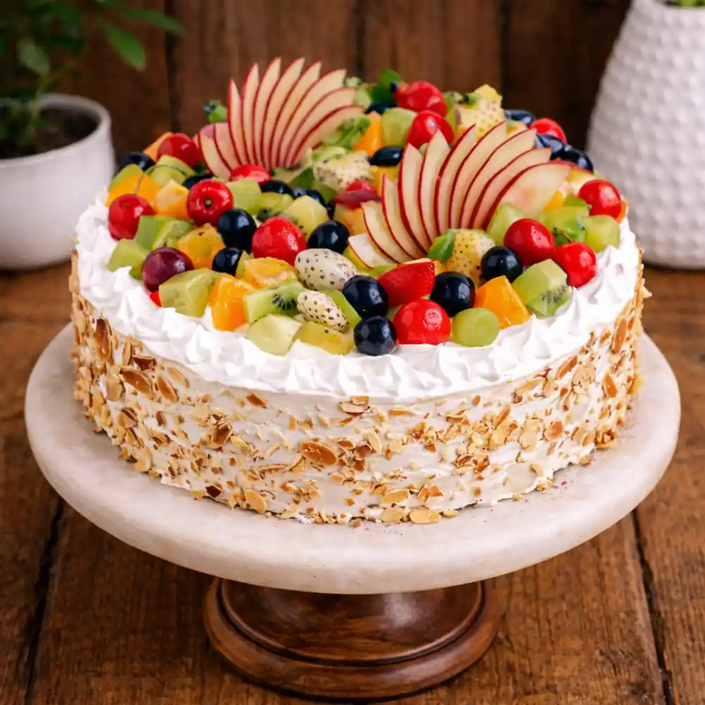 Classic Almond Fruit Delight Cake - TF Cakes Online Delivery Freshly baked handcrafted Classic Almond Fruit Delight Cake – Cake design by TF Cakes