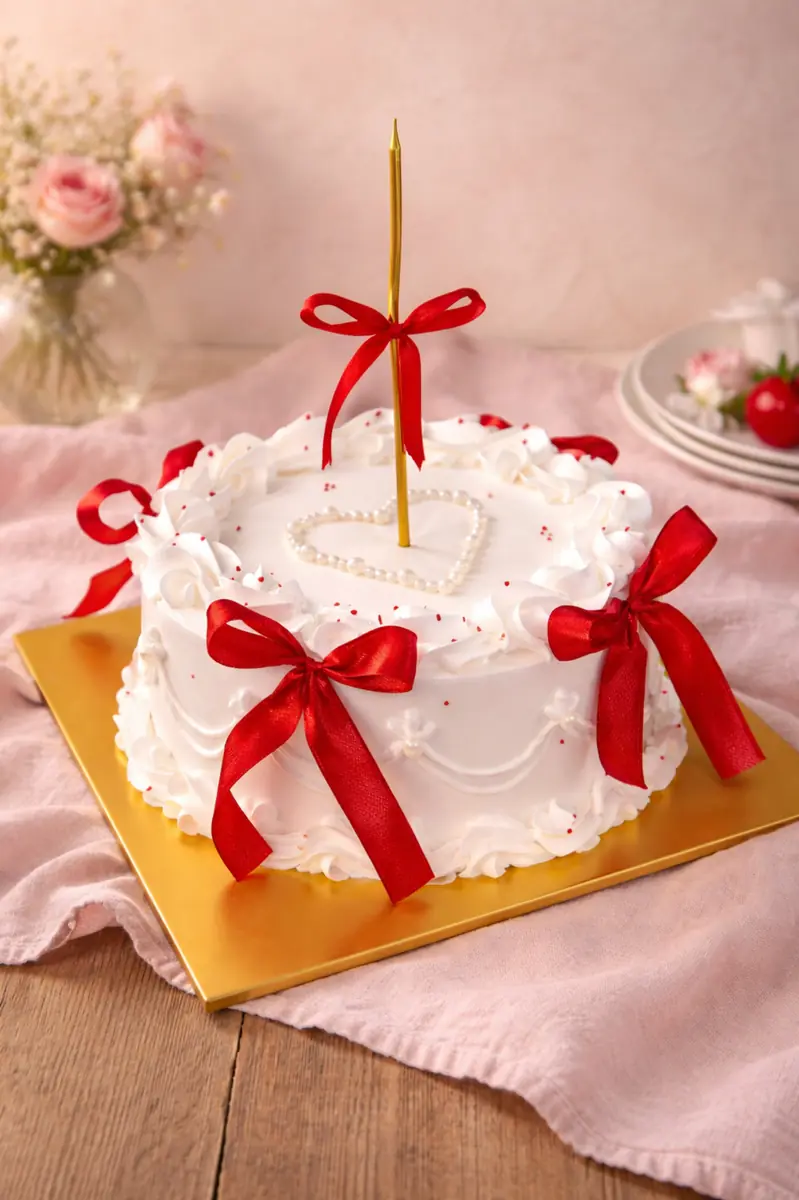 Freshly baked handcrafted Classic Red Ribbon Vintage Cake – Cake design by TF Cakes