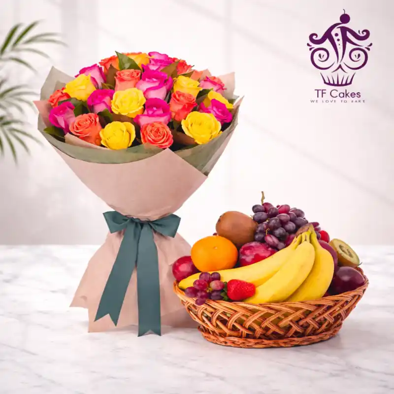 Colorful Roses Bouquet with Fresh Fruit Basket Combo - TF Cakes Online Delivery Freshly baked handcrafted Colorful Roses Bouquet with Fresh Fruit Basket Combo – Cake design by TF Cakes