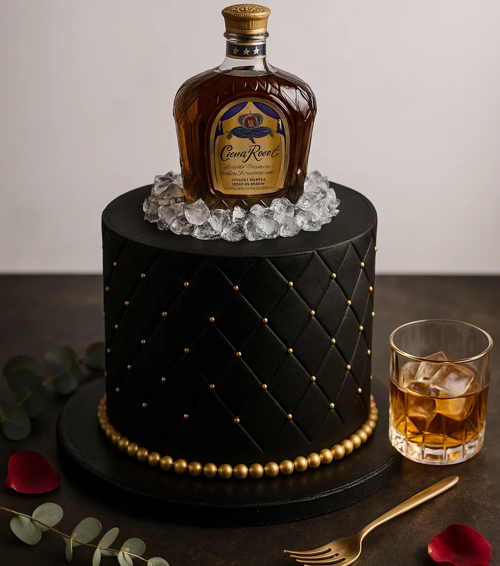 Crown Royal Black & Gold Cake - TF Cakes Online Delivery Freshly baked handcrafted Crown Royal Black & Gold Cake – Cake design by TF Cakes