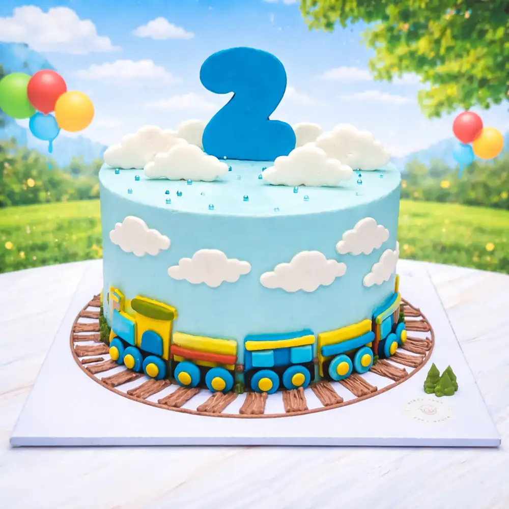 Cute Train Birthday Cake - TF Cakes Online Delivery Freshly baked handcrafted Cute Train Birthday Cake – Cake design by TF Cakes