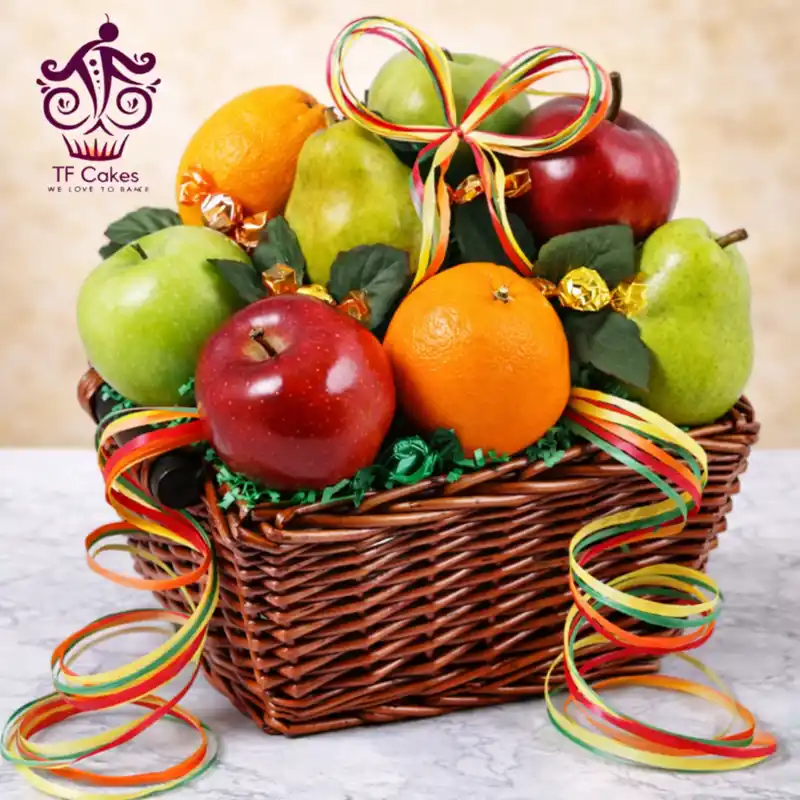 Decorative Fruit Basket with Ribbon - TF Cakes Online Delivery Freshly baked handcrafted Decorative Fruit Basket with Ribbon – Cake design by TF Cakes