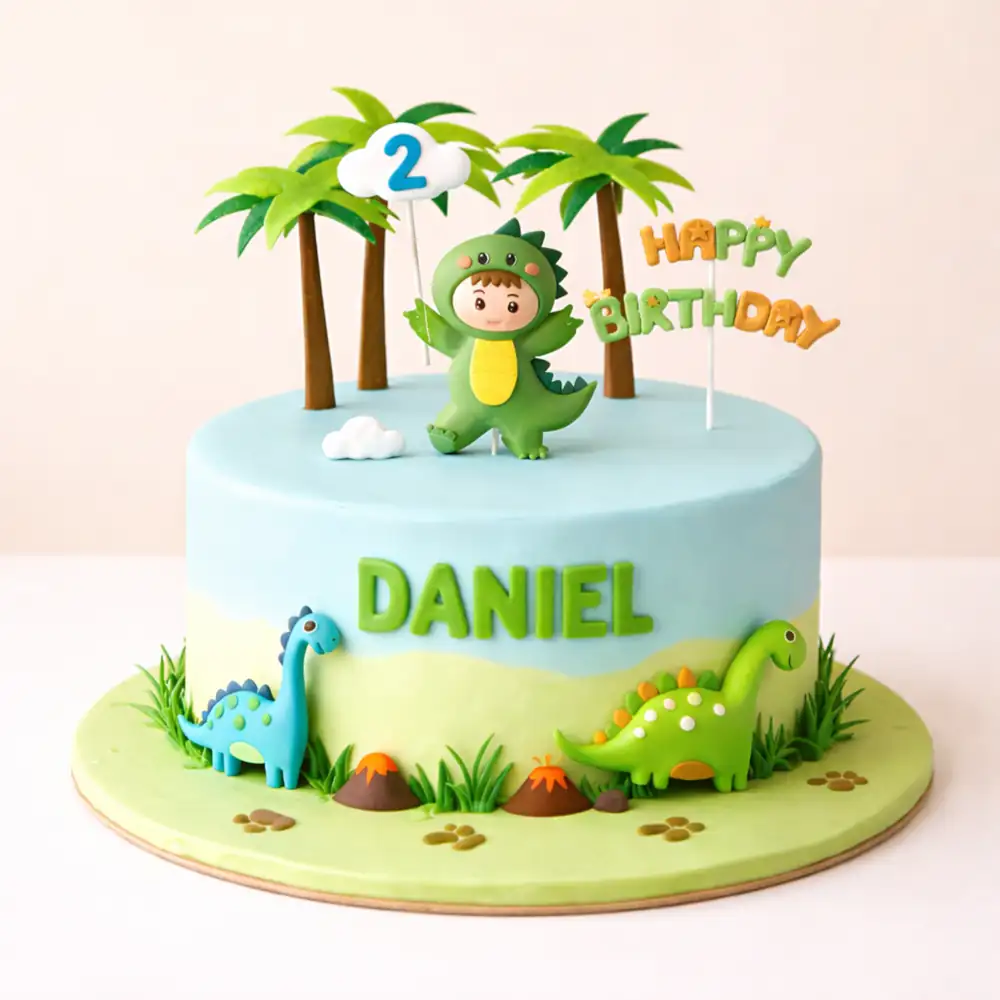 Dinosaur Jungle Theme Cake for Kids - TF Cakes Online Delivery Freshly baked handcrafted Dinosaur Jungle Theme Cake for Kids – Cake design by TF Cakes