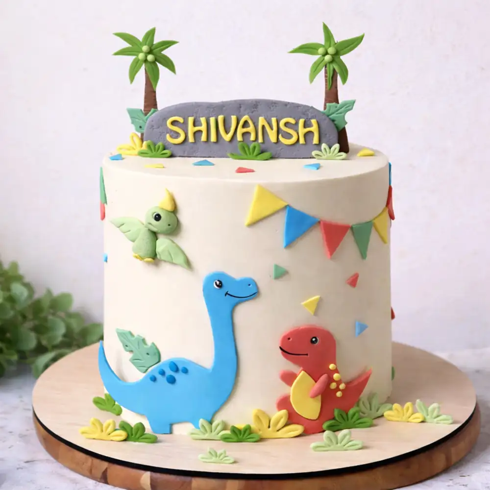 Dinosaur Theme Cake with Name Board - TF Cakes Online Delivery Freshly baked handcrafted Dinosaur Theme Cake with Name Board – Cake design by TF Cakes