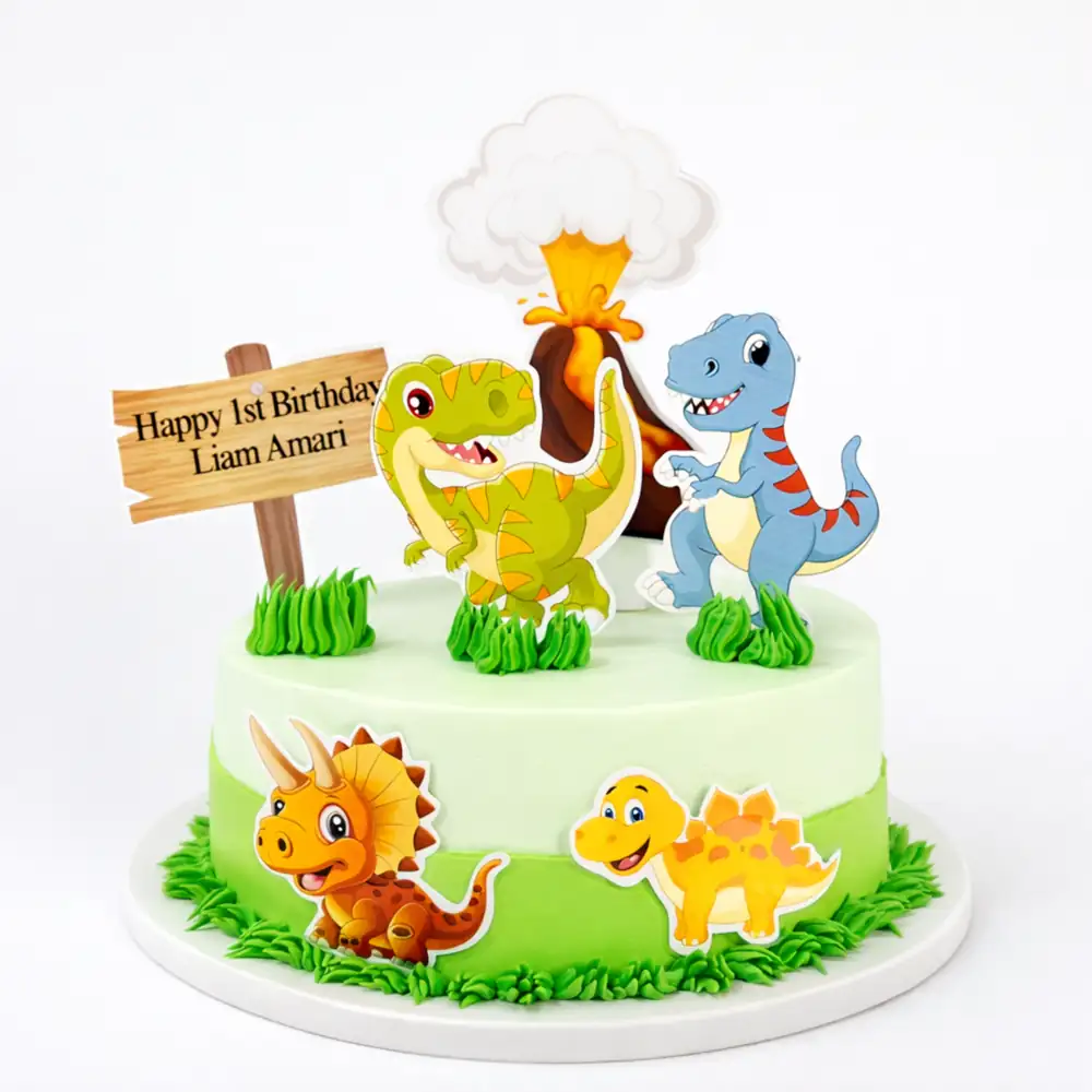 Dinosaur Volcano Theme Birthday Cake - TF Cakes Online Delivery Freshly baked handcrafted Dinosaur Volcano Theme Birthday Cake – Cake design by TF Cakes
