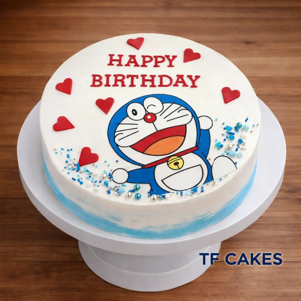 Doraemon Happy Birthday Cake with Hearts - TF Cakes Online Delivery Freshly baked handcrafted Doraemon Happy Birthday Cake with Hearts – Cake design by TF Cakes