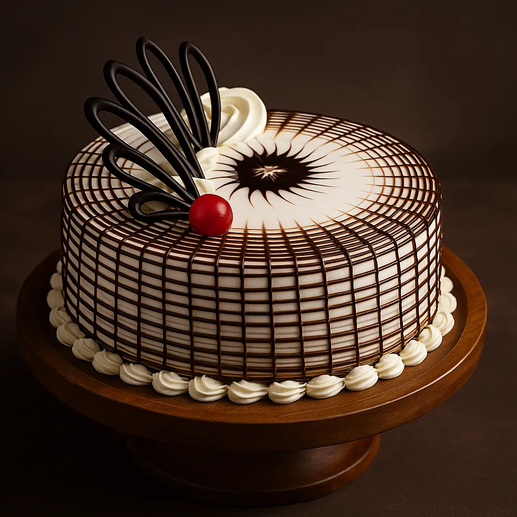 Freshly baked handcrafted Elegant Chocolate Grid & Fan Cake – Cake design by TF Cakes