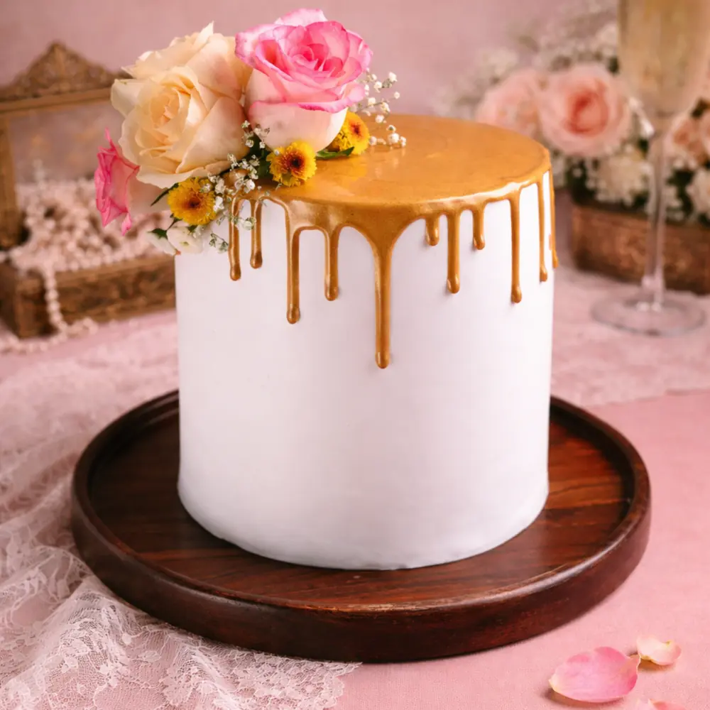 Elegant Gold Drip Floral Cake - TF Cakes Online Delivery Freshly baked handcrafted Elegant Gold Drip Floral Cake – Cake design by TF Cakes