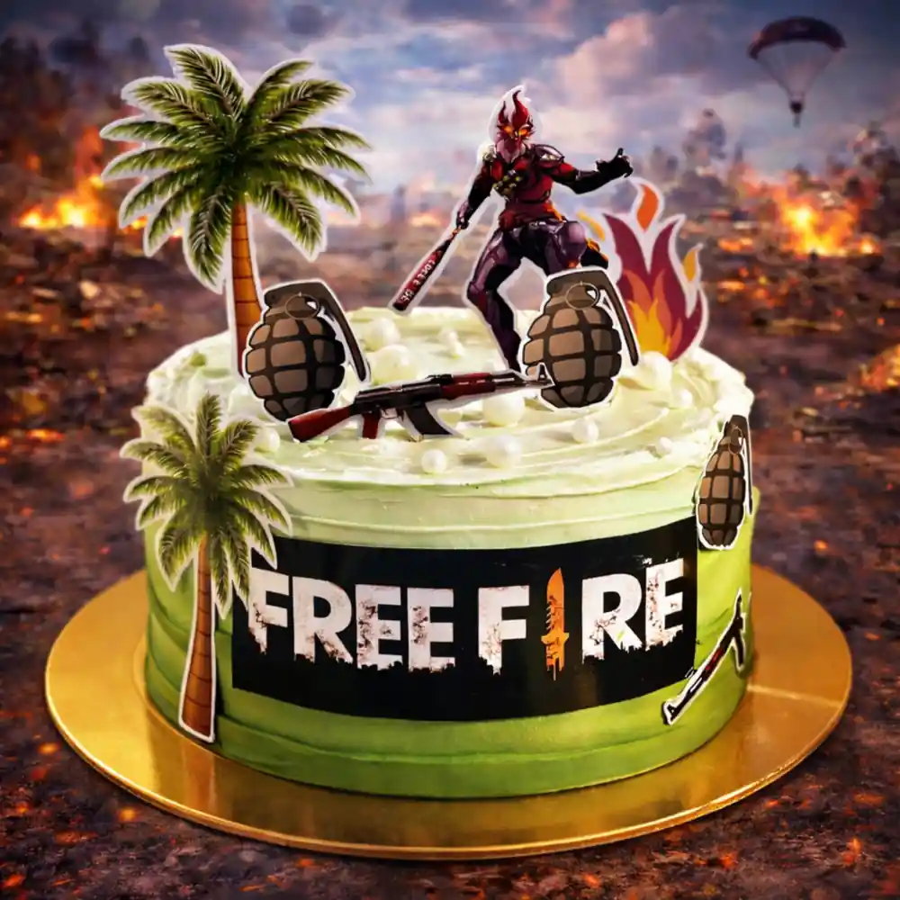 Free Fire Palm Tree Theme Cake - TF Cakes Online Delivery Freshly baked handcrafted Free Fire Palm Tree Theme Cake – Cake design by TF Cakes