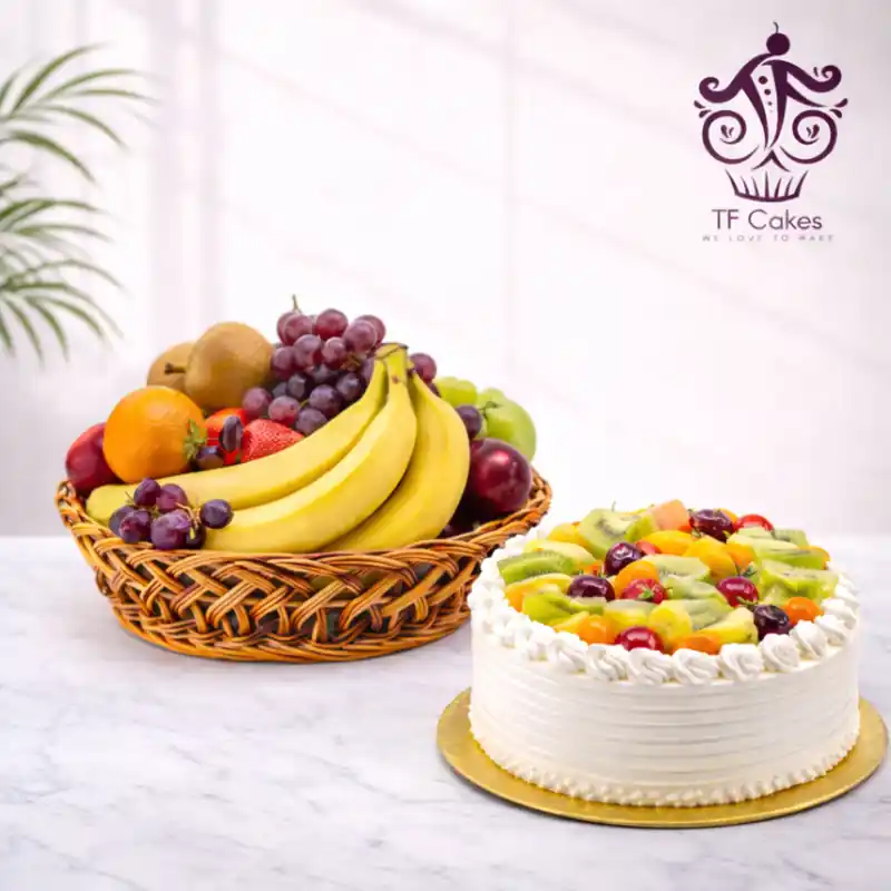 Fresh Fruit Basket with Fresh Cream Fruit Cake Combo - TF Cakes Online Delivery Freshly baked handcrafted Fresh Fruit Basket with Fresh Cream Fruit Cake Combo – Cake design by TF Cakes
