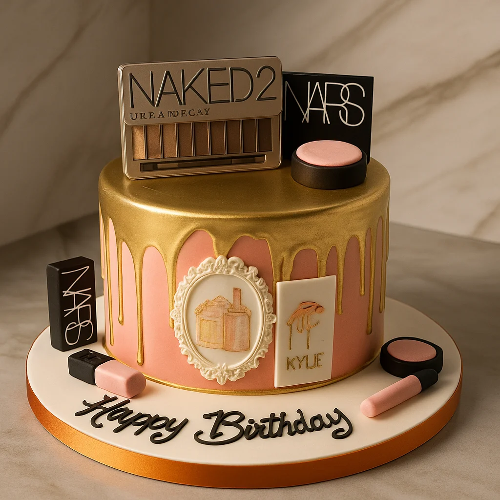 Gold Drip Makeup Designer Cake - TF Cakes Online Delivery Freshly baked handcrafted Gold Drip Makeup Designer Cake – Cake design by TF Cakes
