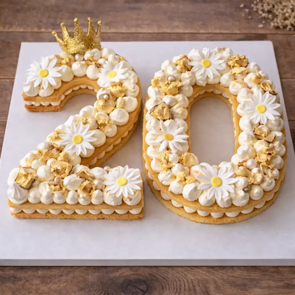 Gold Daisy Number 20 Celebration Cake - TF Cakes Online Delivery Freshly baked handcrafted Gold Daisy Number 20 Celebration Cake – Cake design by TF Cakes