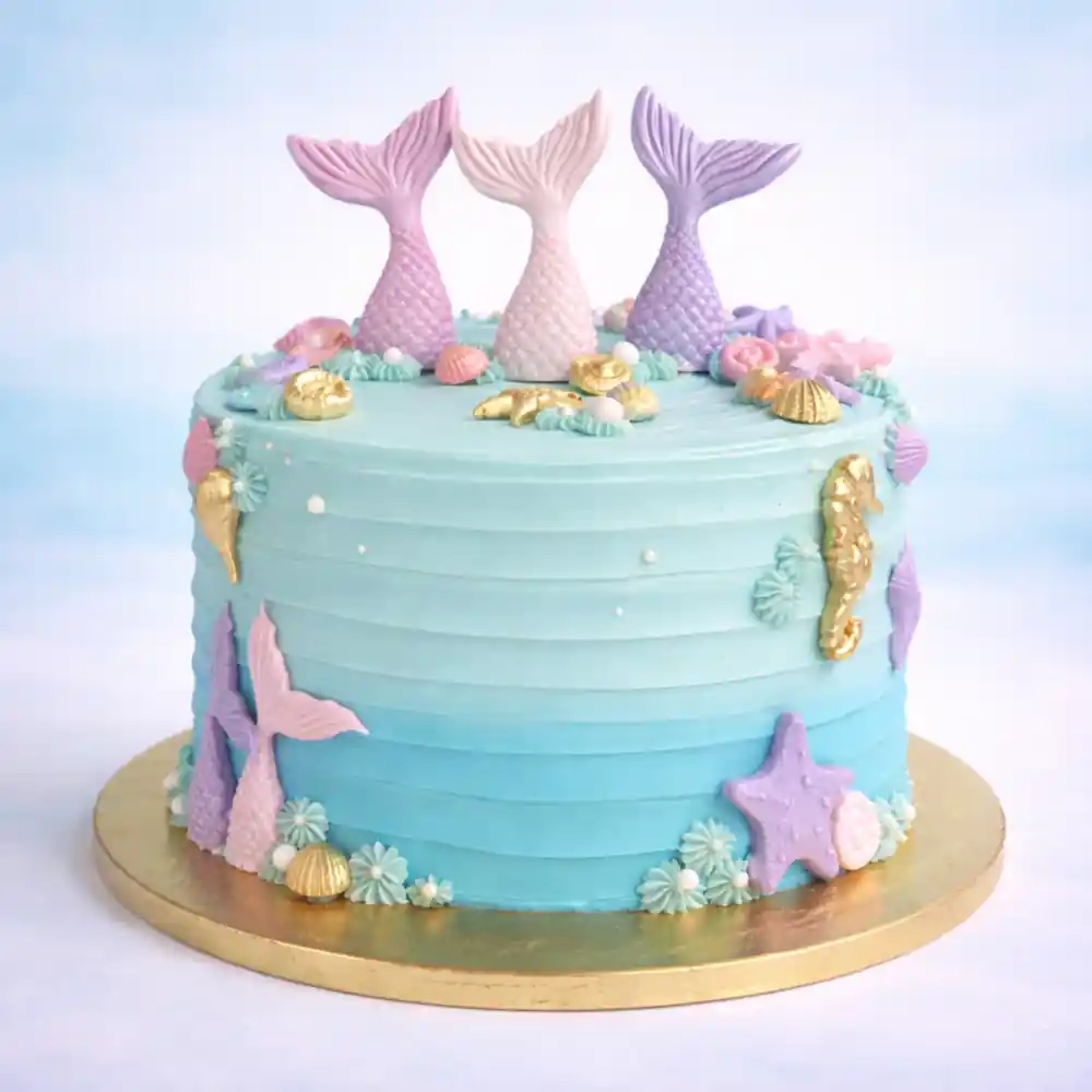 Freshly baked handcrafted Gold Seahorse Mermaid Cake – Cake design by TF Cakes