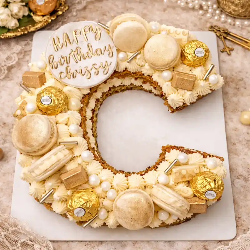 Golden Pearl Letter C Cake - TF Cakes Online Delivery Freshly baked handcrafted Golden Pearl Letter C Cake – Cake design by TF Cakes