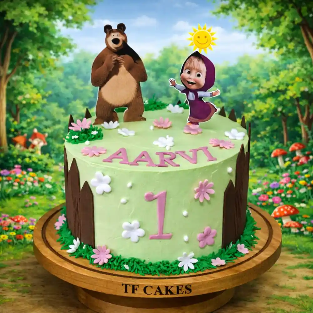 Green Masha and Bear Birthday Cake - TF Cakes Online Delivery Freshly baked handcrafted Green Masha and Bear Birthday Cake – Cake design by TF Cakes